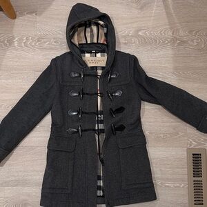 Burberry Gray Hooded Coat with Check Lining